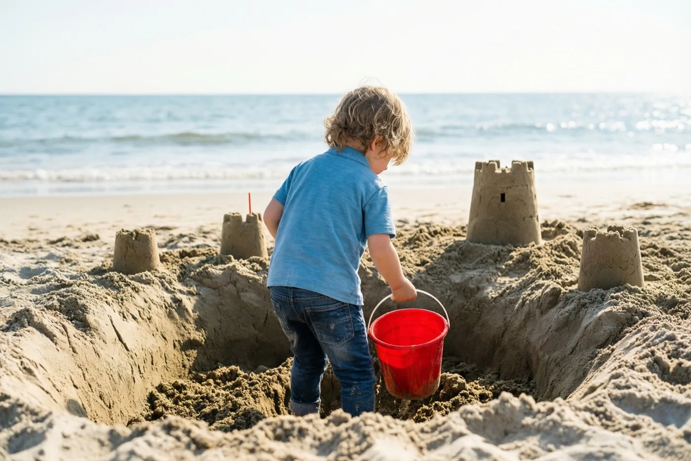 Een jong kind met krullen, een blauw shirt en een jeans graaft van achteren gezien met een rode emmer een gracht tussen zandkastelen op een zonnig strand bij zee.
