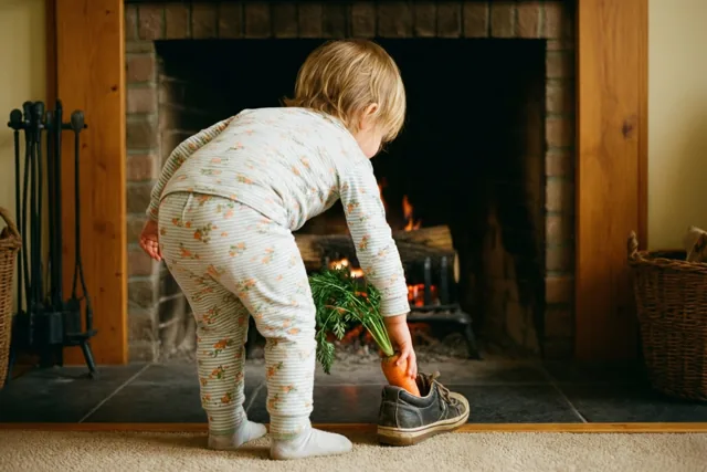 Een klein kind in een bloemenpyjama buigt zich met de rug naar de camera om een wortel in een schoen bij een brandende haard te leggen.