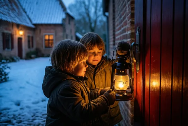 Twee kinderen in winterjassen staan met een brandende sterlantaarn op een besneeuwde binnenplaats en kijken naar de rode houten deur van een Vlaamse hoeve.