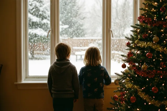 Twee kinderen kijken van achteren gezien door een raam naar vallende sneeuw, naast een kerstboom met rode en gouden versiering in een zacht verlichte kamer.