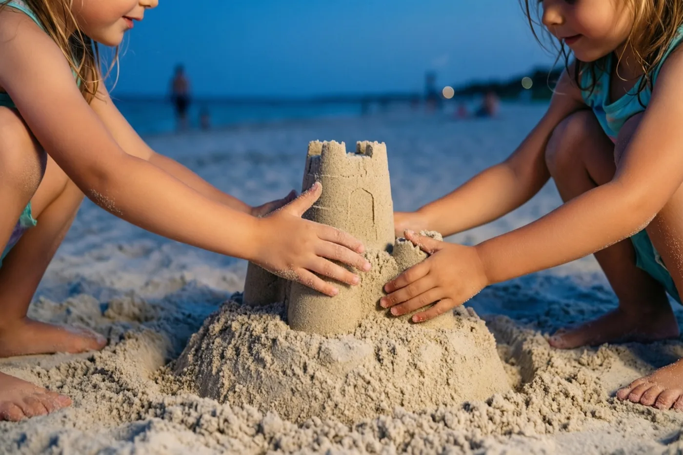 Twee kleine kinderen hurken op een strand en drukken samen een zandkasteel aan, met een blauwe lucht en de zee op de achtergrond bij schemering.