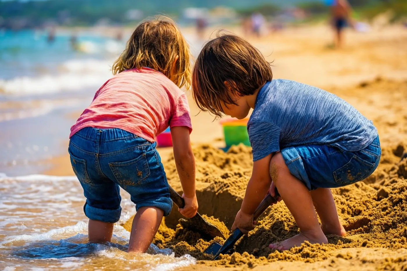 Twee kinderen in roze en blauwe kleren graven met hun rug naar de kijker een zanddijk aan de waterlijn, waar zachte golven het goudkleurige zand raken.
