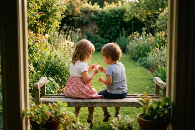Twee jonge kinderen zitten met hun rug naar de kijker op een houten tuinbank en delen een koekje, gezien door een raam met groen en bloemen op de achtergrond.