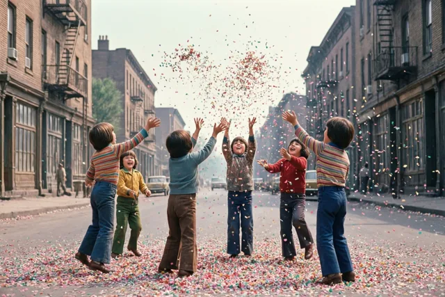 Kinderen gooien kleurrijke confetti in de lucht in een straat met bakstenen gebouwen, in warme tinten en de stijl van de jaren zeventig.