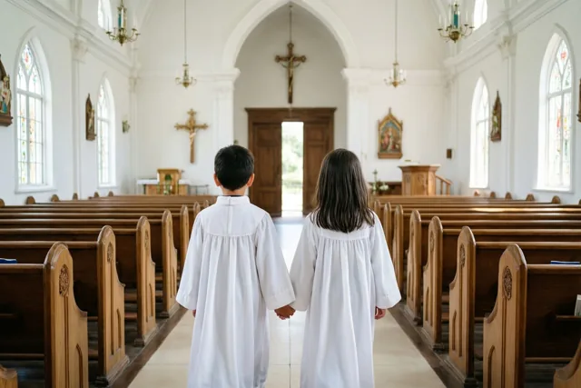 Twee kinderen in witte gewaden lopen hand in hand met de rug naar de kijker door het middenpad naar het altaar van een lichte kerk met witte muren, houten banken en glasramen.