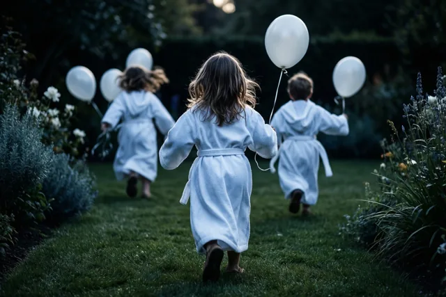 Drie kinderen in witte badjassen rennen met hun rug naar de camera over het gazon van een schemerige tuin met bloeiende planten, elk met een witte ballon.