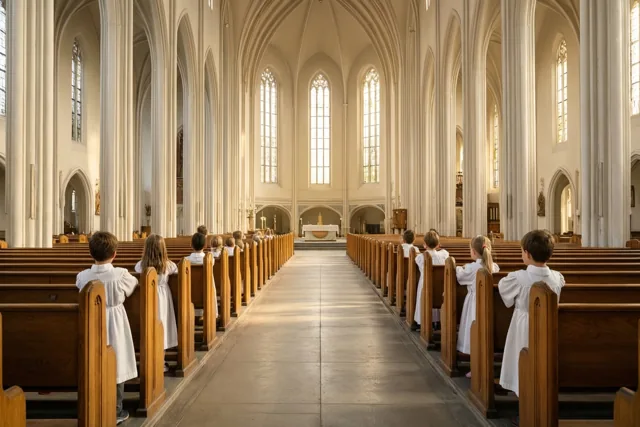Kinderen in witte gewaden zitten van achteren gezien in houten kerkbanken naar het altaar gericht, terwijl warm zonlicht door hoge ramen valt.