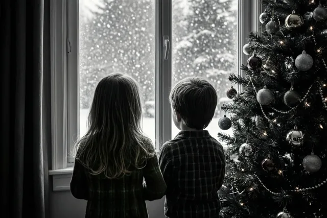 Twee kinderen staan van achteren gezien aan een raam naar vallende sneeuw te kijken, met rechts in de kamer een versierde kerstboom met lichtjes.