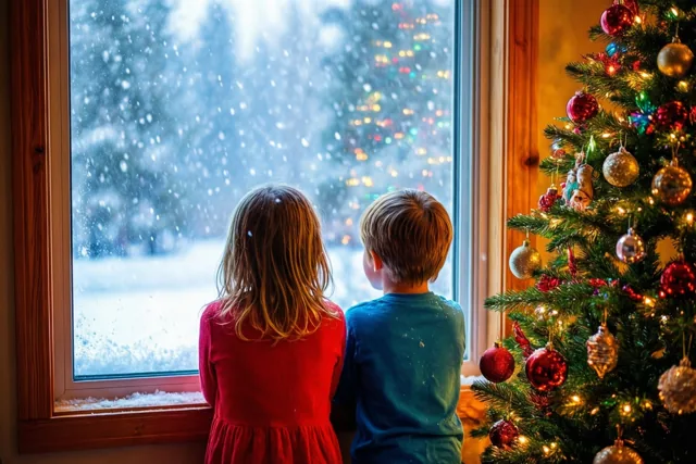 Een meisje in het rood en een jongen in het blauw kijken van achteren gezien door een raam naar vallende sneeuw, naast een verlichte en versierde kerstboom.