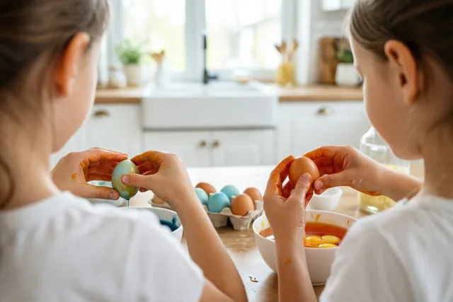 Twee kinderen zitten met hun rug naar de camera eieren te kleuren in verfbakjes aan een keukentafel, omringd door witte kasten en daglicht.