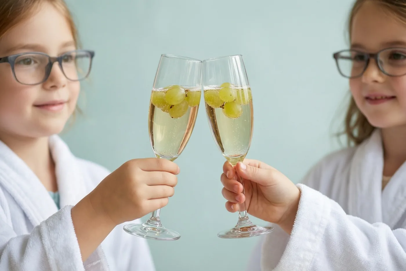 Twee kinderen in witte badjassen klinken met champagnefluiten gevuld met bruisend druivensap en groene druiven, tegen een effen lichtblauwe achtergrond.