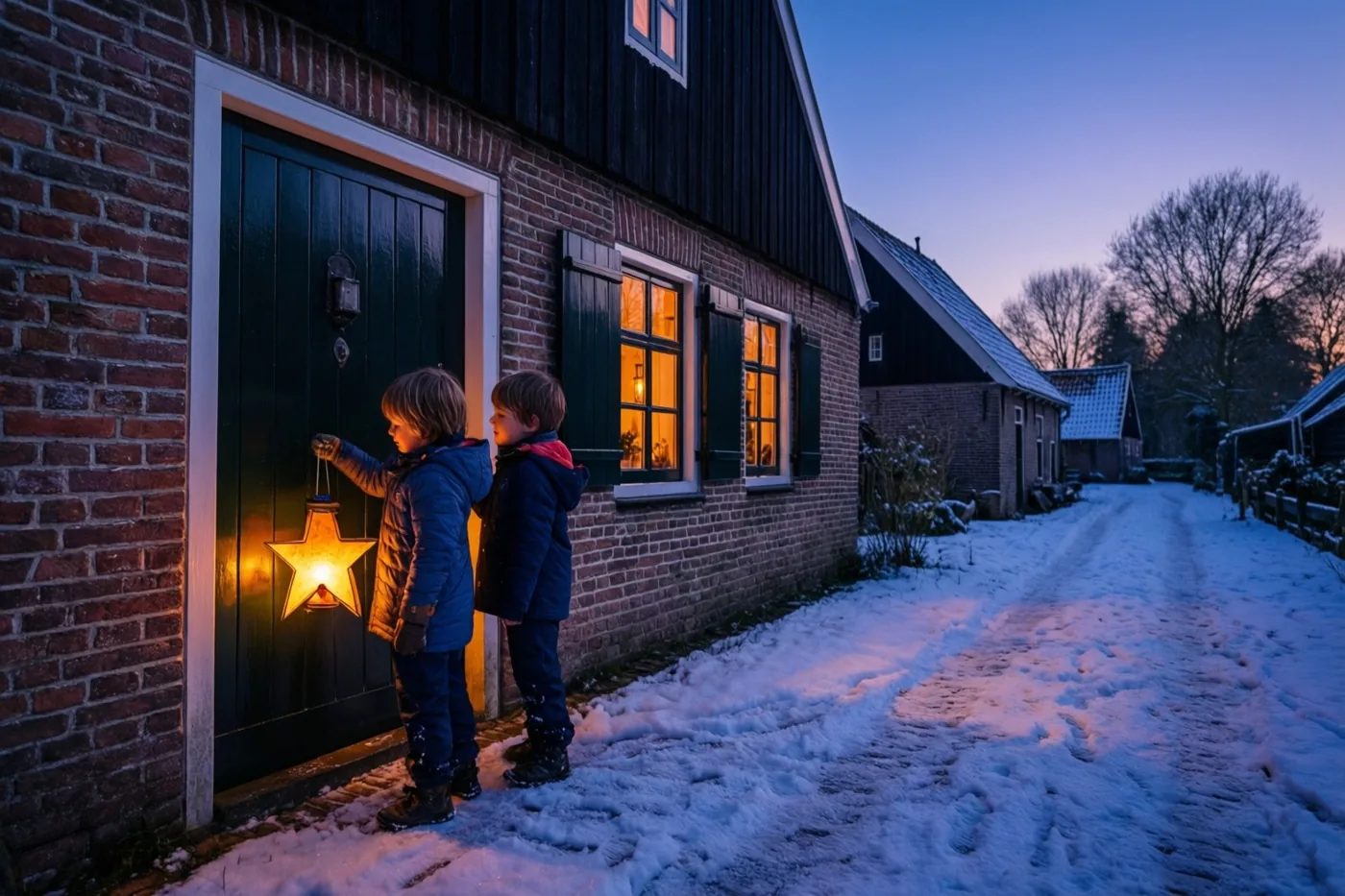 Twee kinderen in winterjassen staan bij valavond in de sneeuw voor een bakstenen hoeve, waar één kind met een lichtgevende sterlantaarn op de deur klopt en binnen warm licht brandt.