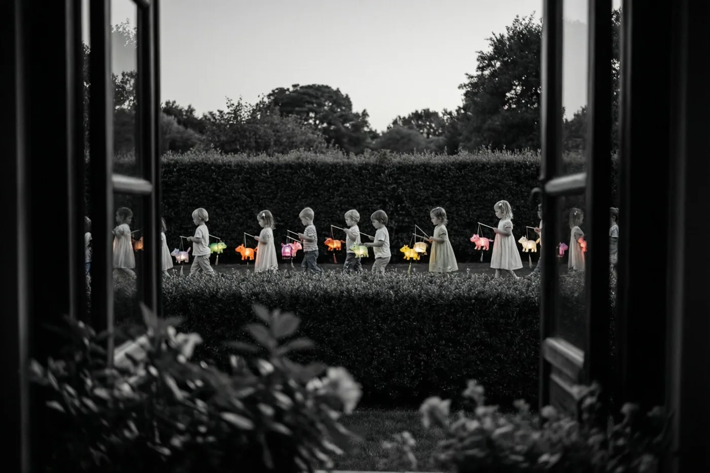 Door een raam is een rij kleine kinderen te zien die bij schemering met kleurrijke dierenlantaarns langs een haag wandelen, in een verder vrijwel monochroom beeld.