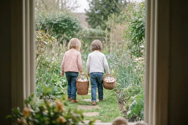 Door een raam zijn twee kinderen van achteren te zien op een tuinpad, elk met een rieten mand vol gekleurde eieren.