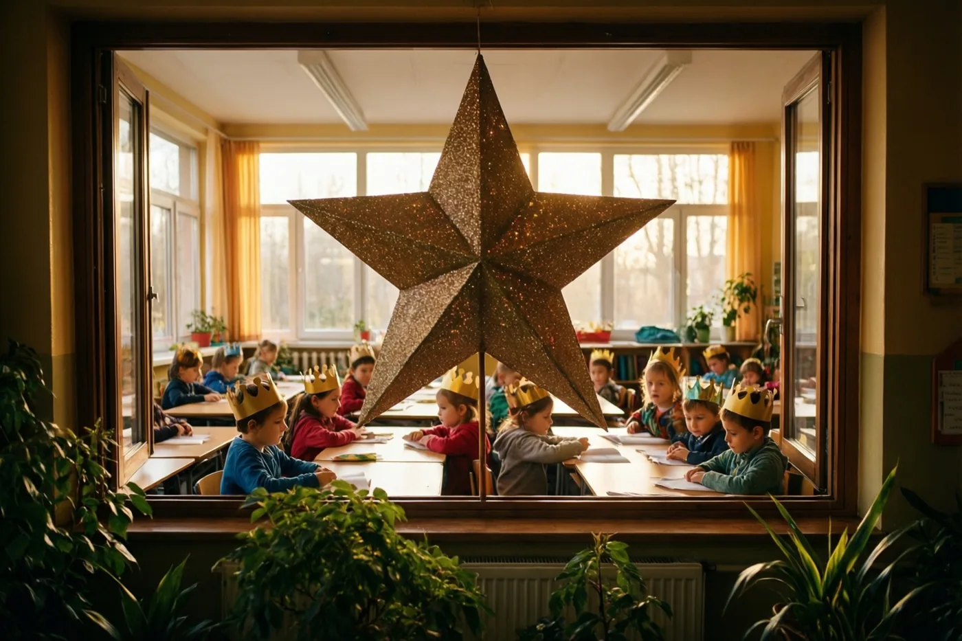 Kinderen met papieren kronen zitten aan schoolbanken naar hun werk te kijken, met een grote glinsterende papieren ster in het raam van de warm verlichte klas.