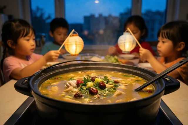 Een grote pot dampende soep staat op een fornuis bij kinderen die papieren lantaarns vasthouden aan een eettafel, met blauw schemerlicht door het raam.