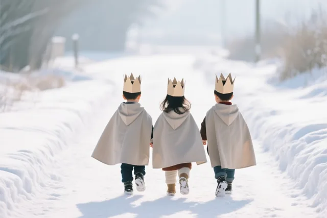 Drie kinderen met papieren kronen en lichtgekleurde capes lopen van achteren gezien over een besneeuwd pad in een helder winterlandschap.
