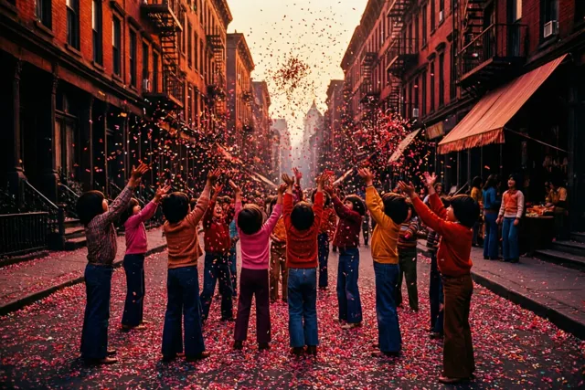 Een groep kinderen gooit rode confetti in de lucht in een smalle stadsstraat in jarenzeventigstijl, met warm licht en rode, oranje en diepblauwe tinten.