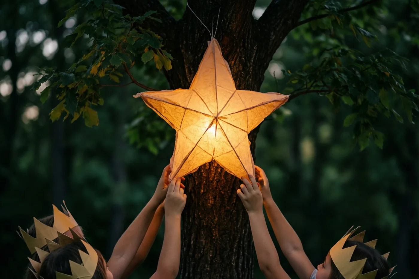 Twee kinderen met papieren kronen reiken omhoog om een gloeiende sterlantaarn aan een boomstam in een bos te hangen, in goudkleurig licht tegen een donkergroene achtergrond.
