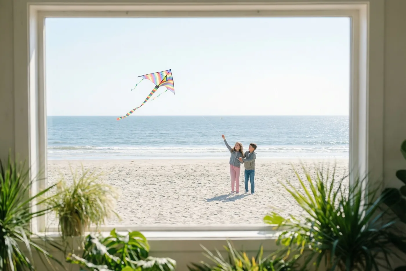 Door een raam met kamerplanten op de voorgrond zijn twee kinderen te zien die een kleurrijke regenboogvlieger oplaten op een breed zandstrand.