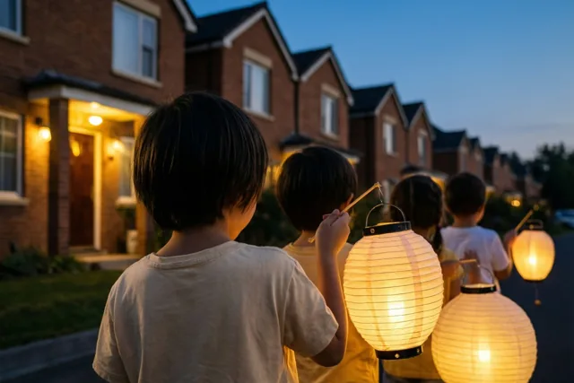 Kinderen lopen van de kijker weg met lichtgevende papieren lampionnen door een straat met bakstenen rijhuizen, waar geel lampionnenlicht en huisverlichting afsteken tegen een diepblauwe avondlucht.