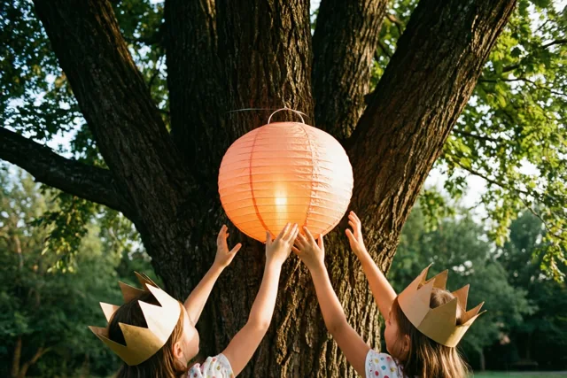 Twee kinderen met papieren kronen reiken met beide handen naar een gloeiende oranje papieren lantaarn in een grote boom in een zonnig groen park.