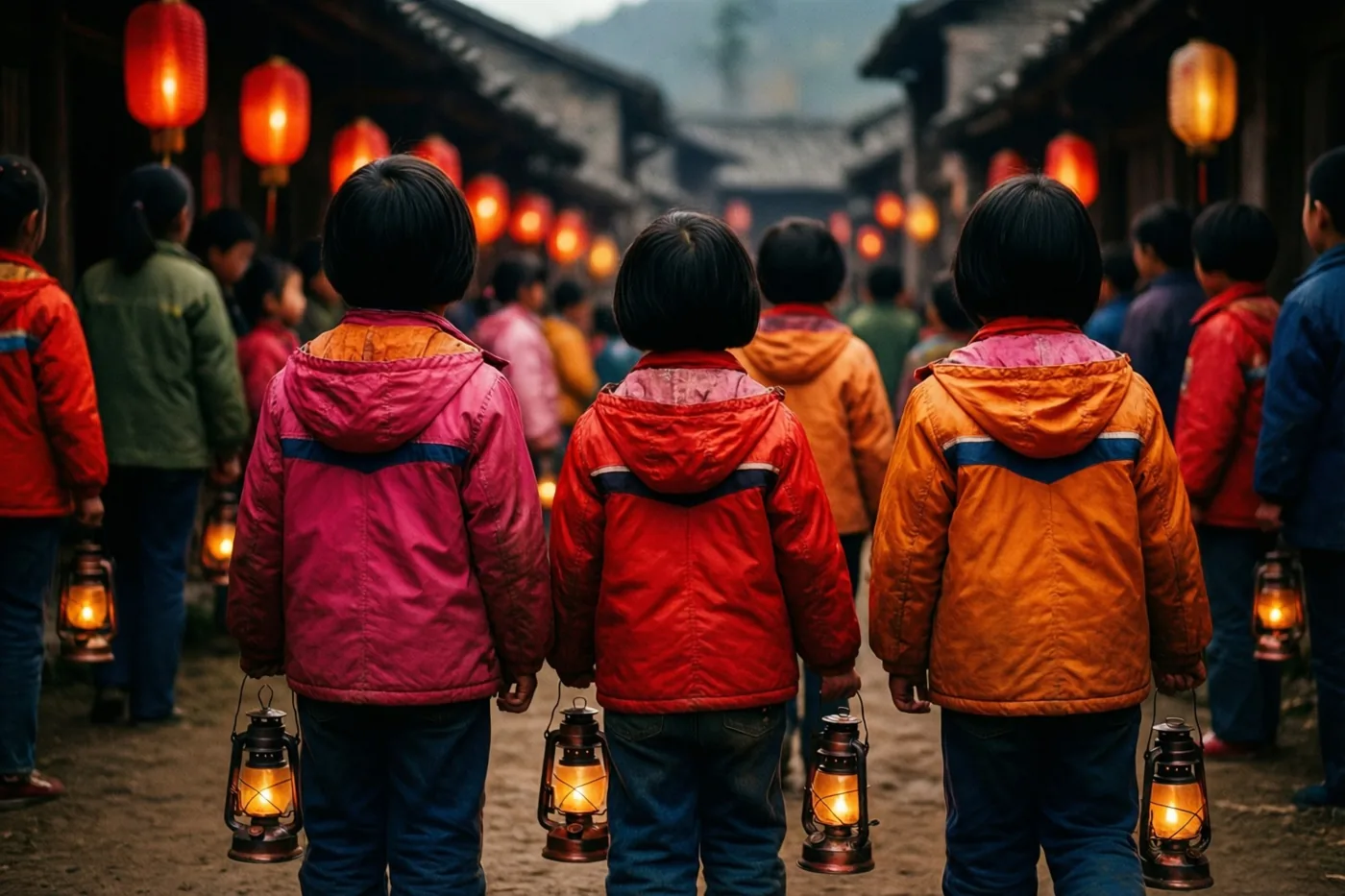Drie kinderen in felgekleurde anoraks uit de jaren zeventig lopen van de kijker weg door een smalle dorpsstraat met hangende rode lampionnen, elk met een brandende lantaarn.