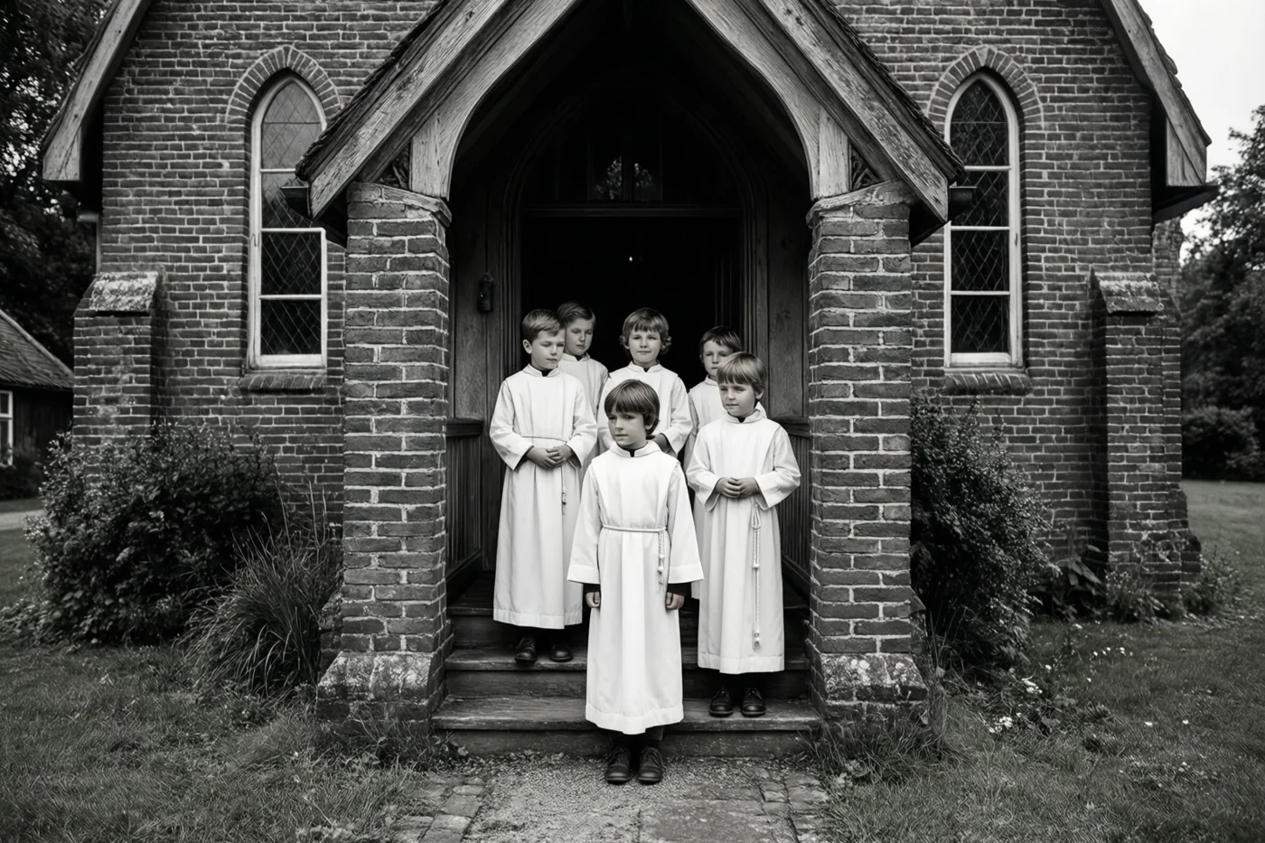 Een groep kinderen in witte gewaden staat op de treden van een bakstenen kerkportaal op een zwart-witfoto.