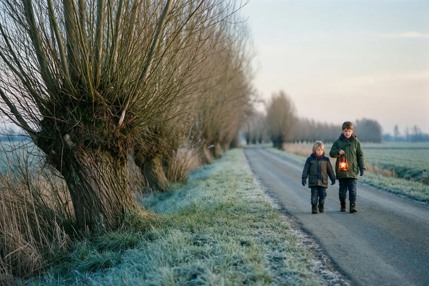 Twee kinderen lopen over een met rijp bedekte weg tussen knotwilgen in een winterse polder, in zacht licht met groene, grijze en blauwe tinten.