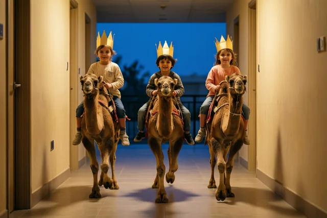 Drie kinderen met papieren kronen rijden op kartonnen kamelen door een warm verlichte gang naar een blauw avondzicht buiten.