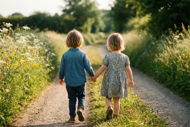 Twee kleine kinderen lopen hand in hand over een aarden pad, van achteren gezien tussen wilde bloemen en groen in warm goudkleurig zonlicht.