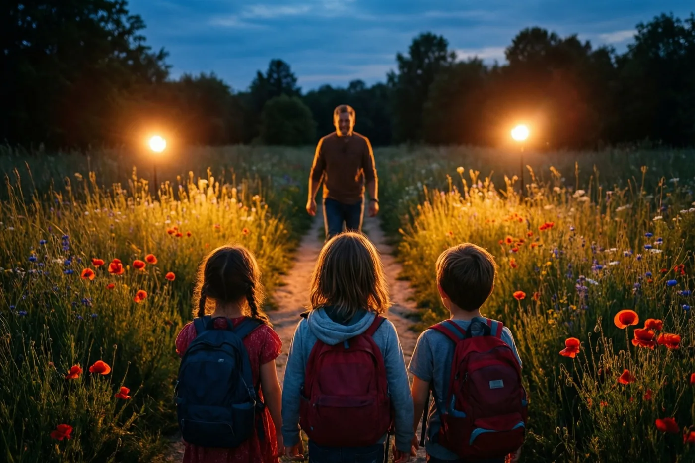 Drie kinderen met rugzakken volgen een volwassene over een pad door wilde bloemen in de schemering, met warme lichtjes langs het pad en de bloemen.