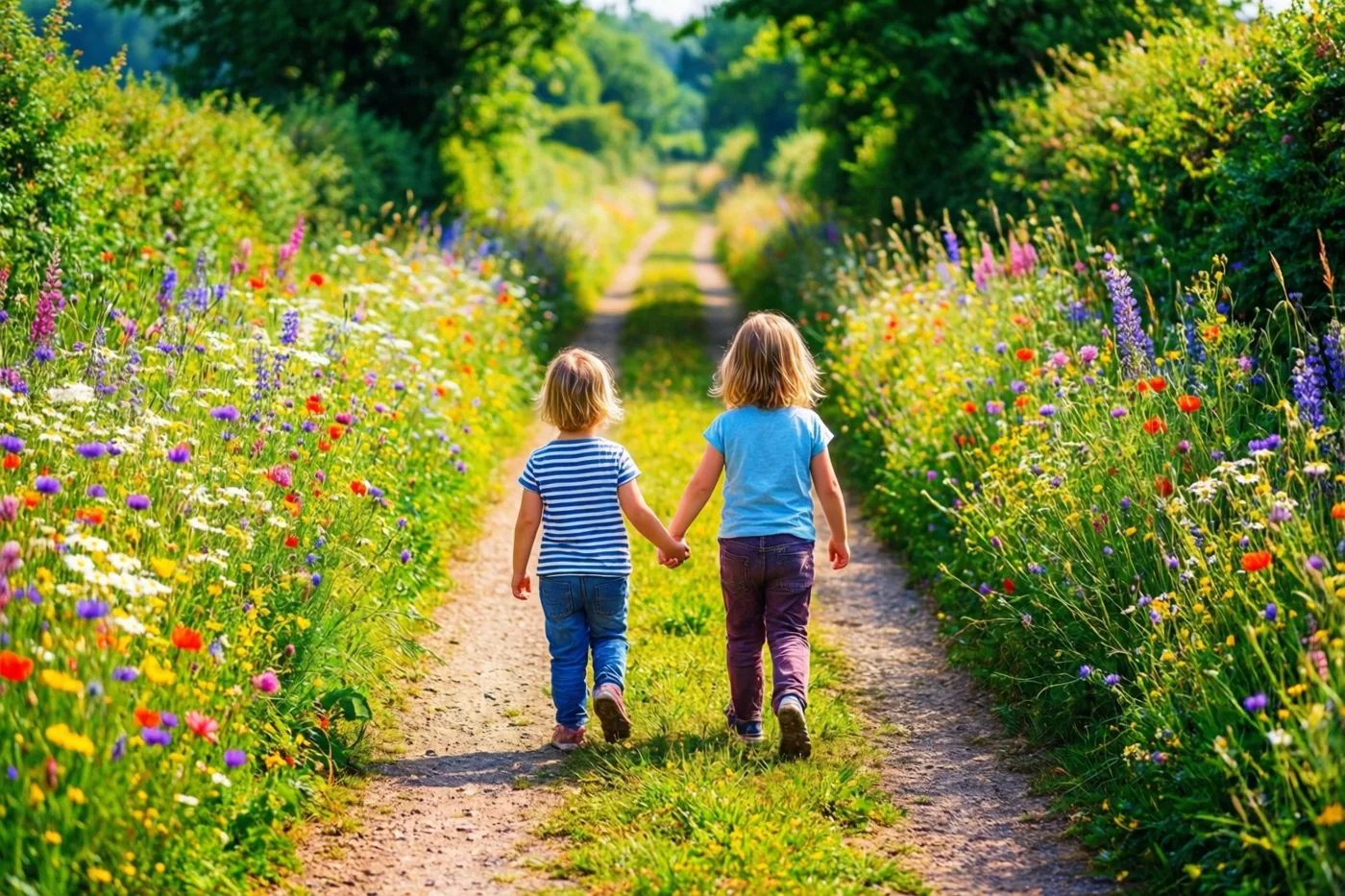 Twee kleine kinderen lopen hand in hand over een aarden pad van de camera weg, tussen kleurrijke wilde bloemen en groen in helder zonlicht.