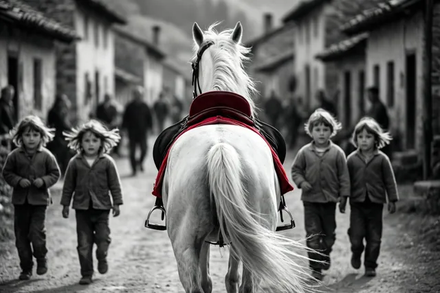 Kinderen rennen met wapperende haren naast een wit paard dat van de kijker weg door een dorpsstraat draaft, op een zwart-witfoto waarop alleen het zadeldekje rood is.