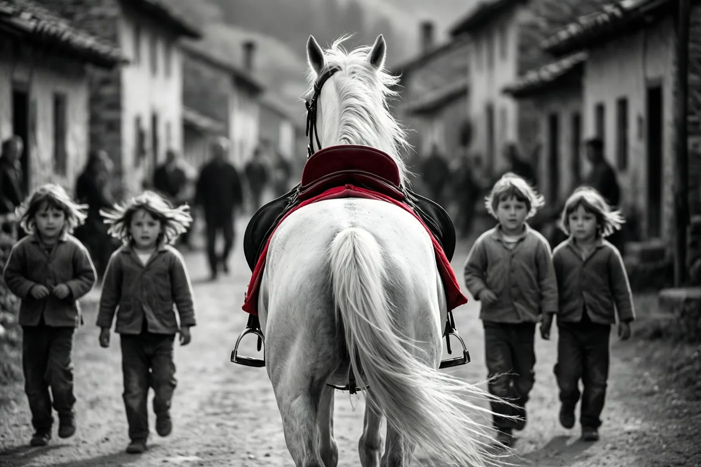 Kinderen rennen met wapperende haren naast een wit paard dat van de kijker weg door een dorpsstraat draaft, op een zwart-witfoto waarop alleen het zadeldekje rood is.