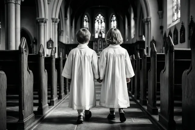 Een zwart-witfoto toont twee kinderen in witte gewaden die hand in hand door het gangpad van een kerk lopen, gezien van achteren.