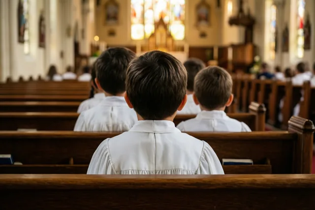 Kinderen in witte gewaden zitten met hun rug naar de kijker op houten kerkbanken, met glasramen en een altaar op de achtergrond.