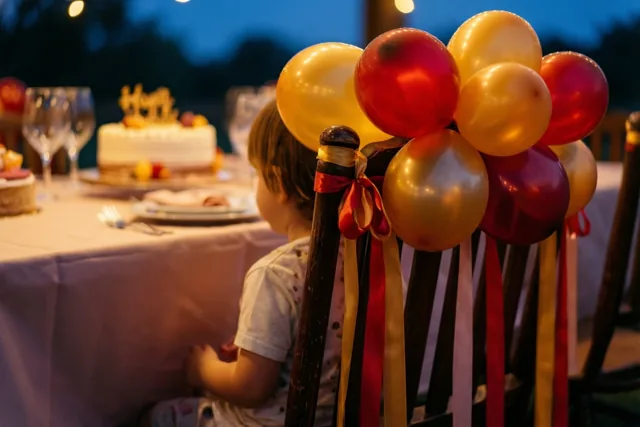 Een kind zit bij schemering buiten aan een verjaardagstafel, met een stoel met rode en gouden ballonnen en linten vooraan en een taart op de achtergrond.