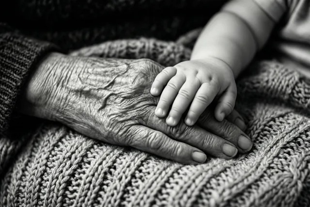 Een zwart-witfoto toont een kinderhand op een gerimpelde hand, allebei rustend op een handgebreide deken.