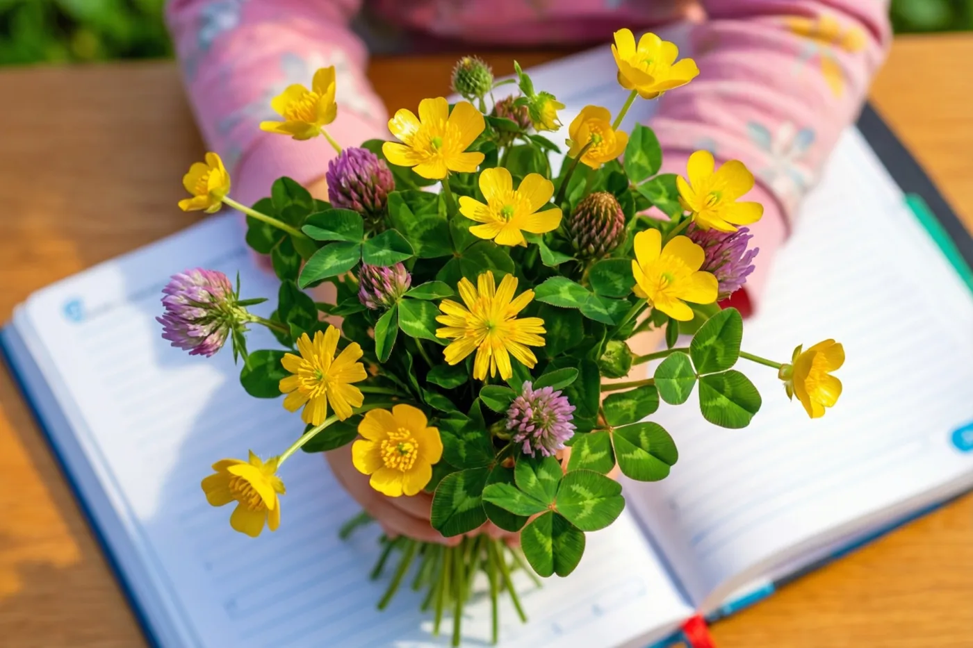 Kinderhanden houden een klein boeket gele boterbloemen en paarse klaverbloemen dat op een open schrift rust, op een houten buitentafel in fel zonlicht, met een roze mouw in beeld.
