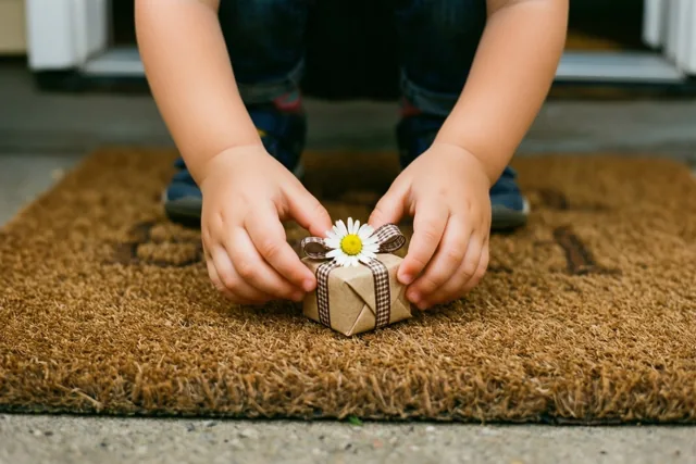 Kinderhanden zetten een klein cadeau in bruin papier met een geruit lint en een madeliefje op een bruine deurmat bij een voordeur.