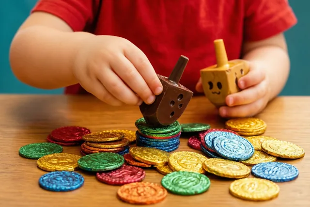Kinderhanden spelen met chocoladedreidels en kleurrijke chocolademunten op een houten tafel in rode, bruine en gouden tinten.