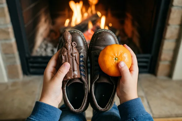Kinderhanden houden een chocoladefiguur van een bisschop en een mandarijn boven twee bruine schoenen bij een brandende haard.