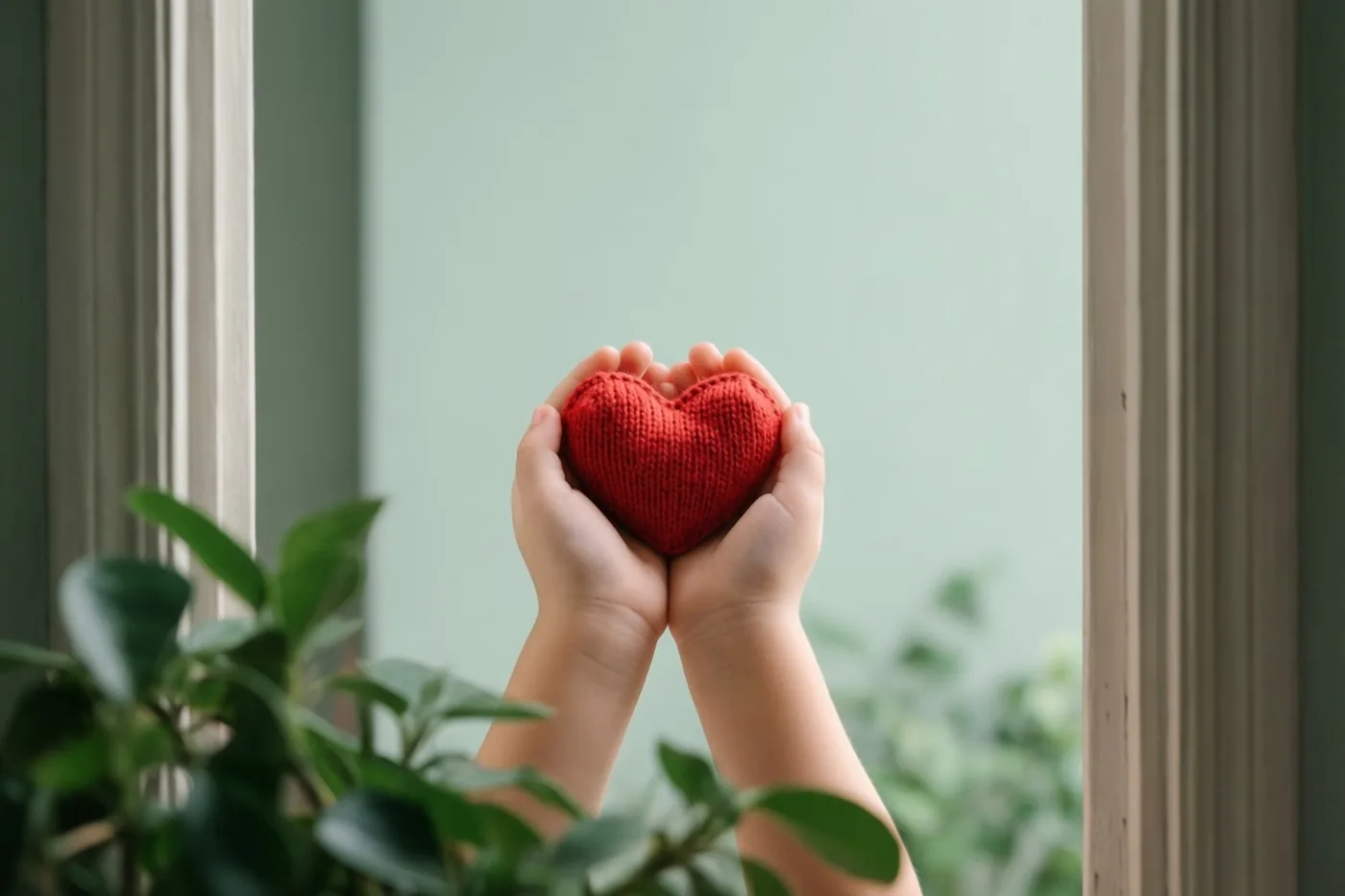 Twee kinderhanden houden een rood gebreid hart vast, omlijst door een raam met groene bladeren op de voorgrond in zacht daglicht.