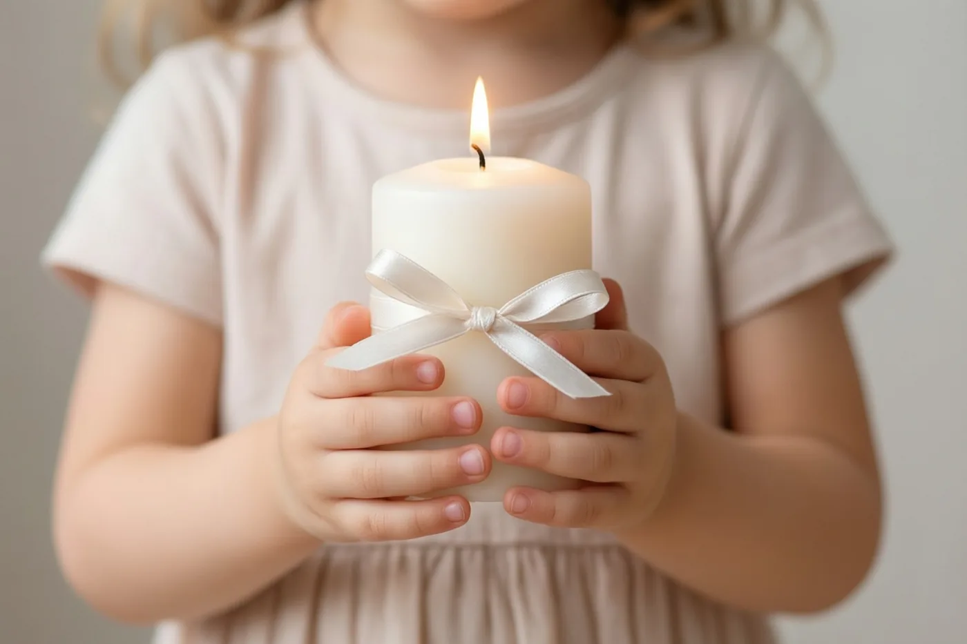 Kinderhanden houden een brandende witte kaars met een wit lint vast tegen een effen achtergrond in zacht licht.