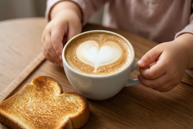 Kinderhanden houden een witte mok koffie met een hartje in het melkschuim vast naast hartvormige toast op een houten tafel, met zachtroze kleding in beeld.