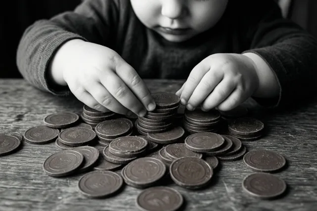 Op een zwart-witfoto stapelen kinderhanden zorgvuldig chocolademunten op een houten tafel.