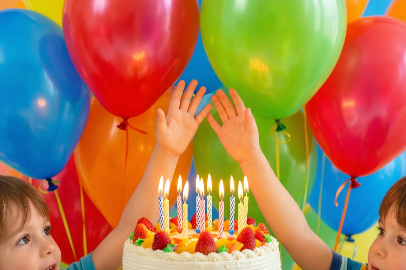 Twee kleine kinderhanden reiken naar kleurrijke ballonnen boven een verjaardagstaart met brandende kaarsjes en vers fruit, tegen een achtergrond van rode, blauwe, groene en oranje ballonnen.