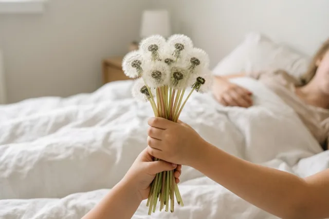 Kinderhandjes bieden een boeketje paardenbloempluizen aan iemand in bed aan, in een zacht verlichte slaapkamer met wit beddengoed en neutrale tinten.