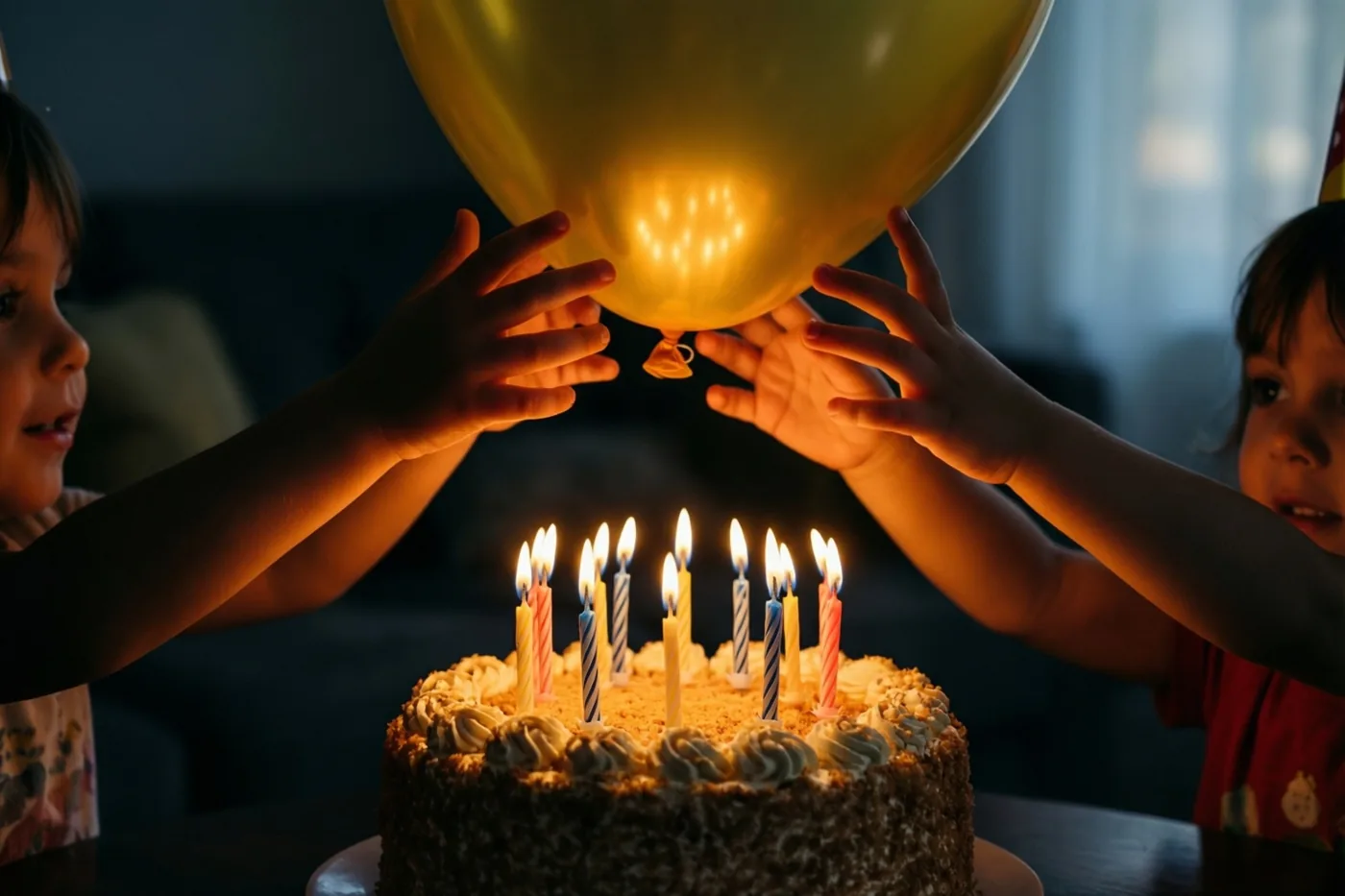 Twee kleine kinderhanden reiken naar een grote gouden ballon boven een verjaardagstaart met brandende kaarsjes, in warm kaarslicht.